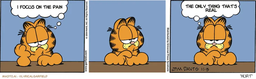 Original Garfield comic from November 3, 2009
Text replaced with lyrics from: Hurt

Transcript:
• I Focus On The Pain
• The Only Thing That's Real


--------------
Original Text:
• Garfield:  No matter how little I do...  ...I always feel I could do less.