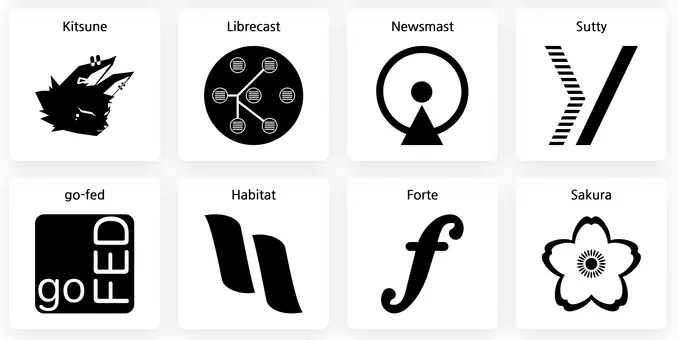 a screenshot of icons for Kitsune, Librecast, Newsmast, Sutty, go-fed, Habitat, Forte, and Sakura