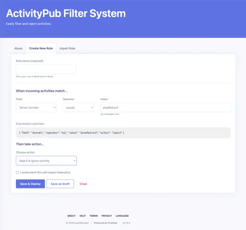 ActivityPub Filter System preview in Pixelfed