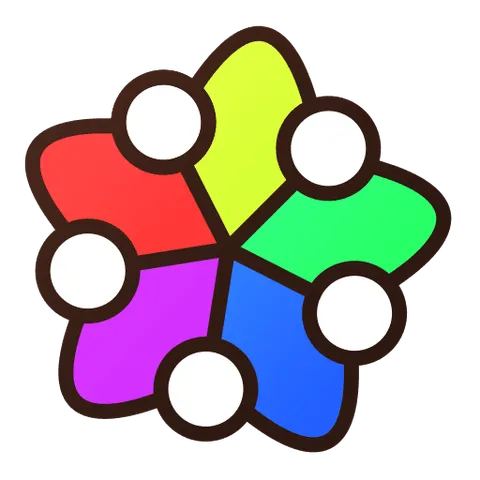 The logo I made. It shows five white-filled circles representing five different nodes. They are connected to the empty centre with lines, and each neighbouring nodes are connected with another curved line on the outside. Together, the shape looks like a star-shaped flower, where each petal is filled with different colour (red, yellow, green, blue, and purple), with the nodes looking like five stamens separating the petals. Or at least that’s what I see in it. It is slightly rotated to match the pre-existing pentagram logo.