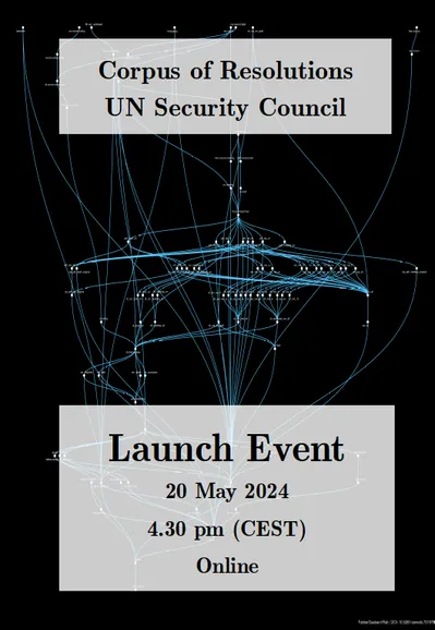 Poster announcing the online launch event for the "Corpus of Resolutions: UN Security Council" on 20 May at 4.30 pm.
