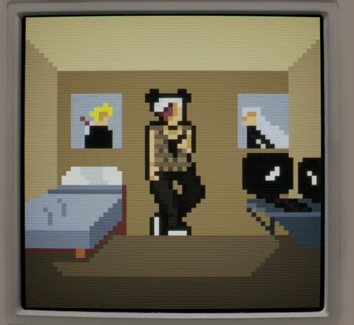 A pixel art piece of a man wearing a flannel shirt and a panda hat standing in a bedroom. The piece has been put through a CRT filter.