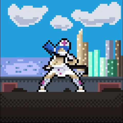 A pixel art piece of Valentine from the fighting game Skullgirls standing a train car. In the background you can see water, a city, and big puffy clouds.