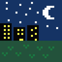 A lowscale pixel art landscape at night. There's a big crescent moon in the sky and three buildings in the distance.