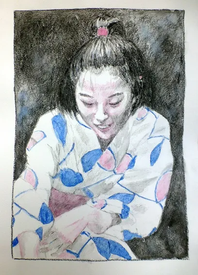 Drawing of a young Japanese girl in a yukata with stylised motif of stalks with large leaves, tinted with blue and dark pink watercolour. The person is crouching and looking down at something in front of her. Her hair is tied up on top with a pink hairband. The legs are not visible.