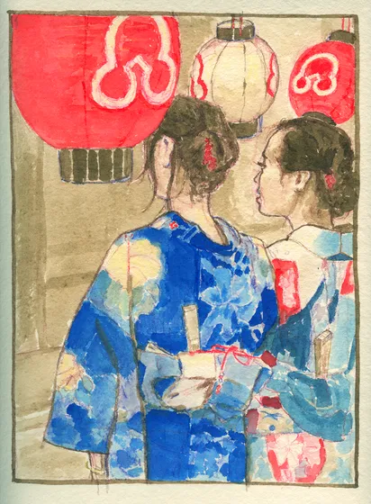 Drawing of two Japanese girls in yukata seen from the back and to the side, with three lanterns above their heads, a large red one, a smaller white one and red one.