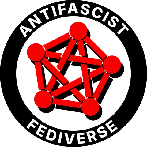 The logo of the Fediverse in red, partially covering the same logo in black. Both are inside a white circle, enclosed in a black circular stripe. On the black circular stripe, the writing “AntiFascist Fediverse”, in capital letters.