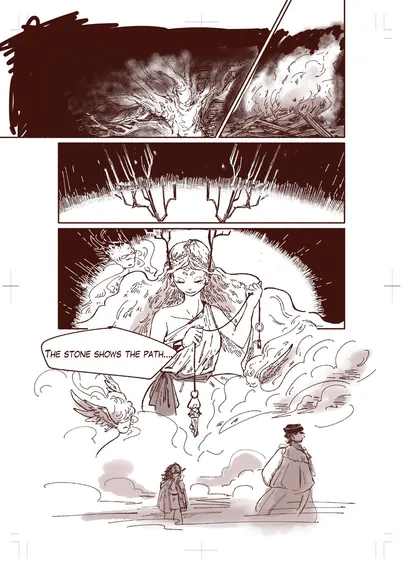 Another page from "The King's Page and Witch of  the Cliff." A long-haired lady with antlers holding a magical mineral with a string. Text: (monologue of the woman) The stone shows the path... / End text