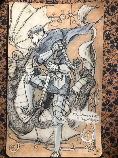 ペンとアルコールマーカーによるマンガ風のイラスト。角と翼の生えたワニに似たドラゴンを、甲冑を身に着けた騎士が退治している。