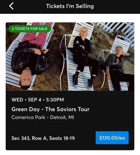 Screenshot of Green Day with concert details for next Wed Sept 4