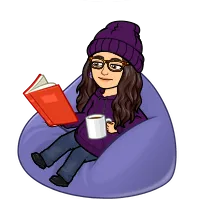 Bitmoji of person wearing a purple hat, purple jumper, and blue jeans, sitting on a purple bean bag, reading a red book, and drinking a cup of tea.