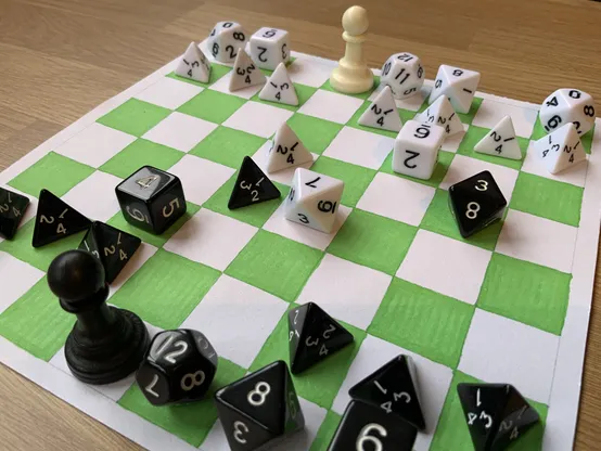 A collection of polyhedral dice on a chess board, in the middle of a game where dice are used as chess pieces