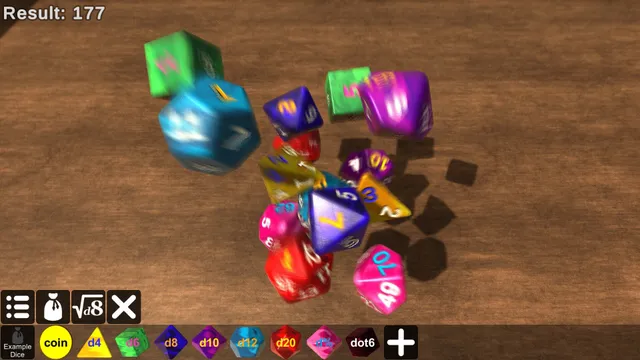 A screenshot of an app where dice are being rolled. There is a list of dice icons along the bottom (a bag of "Example Dice", Coin, d4, d6, d8, d10, d12, d20, d%, and "dot6")