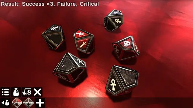 A collection of rolled red and black dice in an app, the dice are for the game "Vampire the Masquerade" and have distinct icons to match the real dice (skulls, ankhs, and a critical).