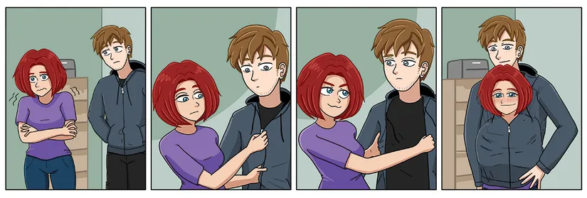 A comic strip featuring my OCs Rose and Nate.

[Panel 1: Rose shivers in a purple t-shirt and jeans. Nate, in a blue hoodie and black pants, looks at her from behind with concern.]

[Panel 2: Rose looks down as she calmly begins to unzip Nate's hoodie, Nate is slightly alarmed.]

[Panel 3: Rose grins mischievously at Nate as she opens his hoodie. Nate looks skeptical.]

[Panel 4: Rose has enclosed herself in Nate's hoodie entirely and looks warm and comfortable. Nate smiles.]