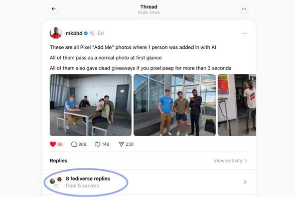 Screenshot of a threads post from MKBHD
At the bottom of the post there is a circle around a UI element saying "8 fediverse replies from 5 servers"