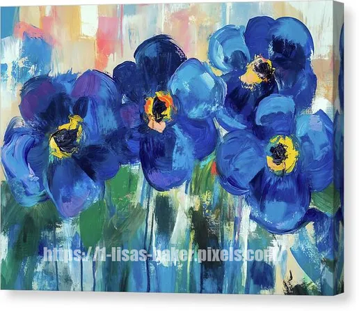 A painting of Vibrant blue flowers accented with pops of yellow and green.  Whimsical floral art by Lisa S Baker