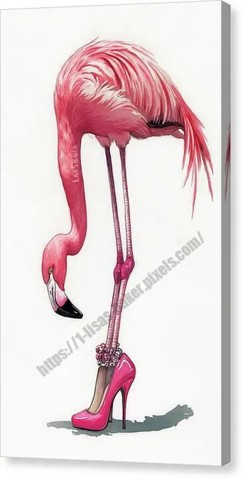 A digital mixed media painting of a flamingo balanced delicately on high-heeled shoes, with flower accents around its ankle. Whimsical bird art by Lisa S Baker