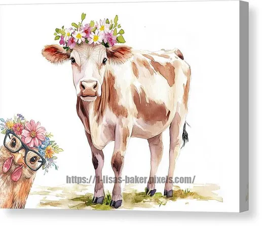 A digital watercolor cow adorned with a floral crown stands in the foreground, looking directly at the viewer, while a chicken wearing glasses and a floral headpiece pops in from the side. Art by Lisa S Baker. 