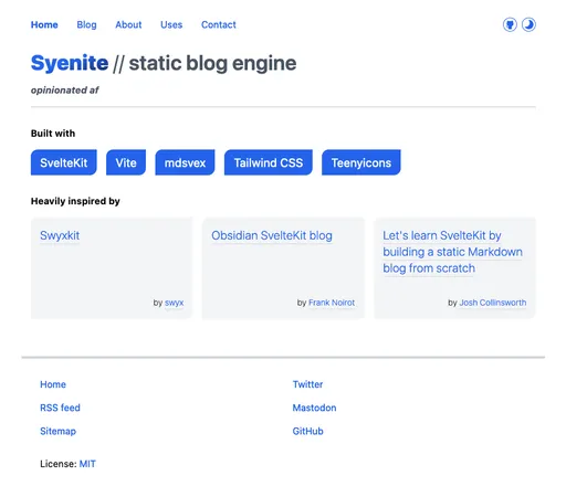 Syenite static markdown blog engine landing page.