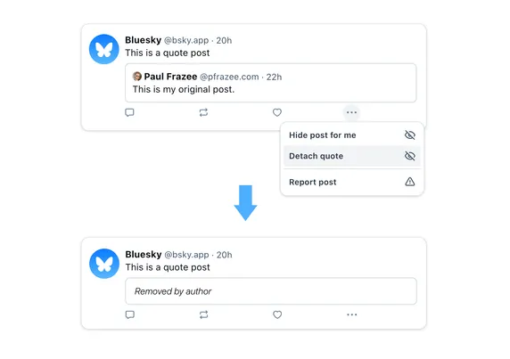 A screenshot of a Bluesky post that contains a quoted post, with a menu showing an option to "Detach quote". An arrow points from the original post to a version with the quoted post replaced by text saying "Removed by author".
