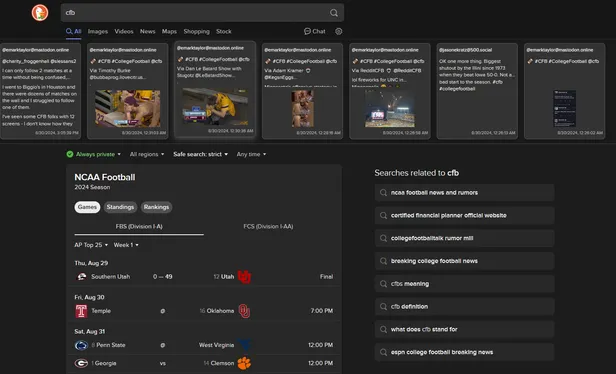 Screenshot of a duckduckgo search for 'cfb'. Above the search results are a series of status cards some of which have media attachments that are rendered. 