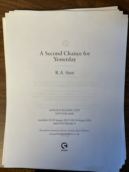 Print-out of the cover page of the proofs of a forthcoming novel.