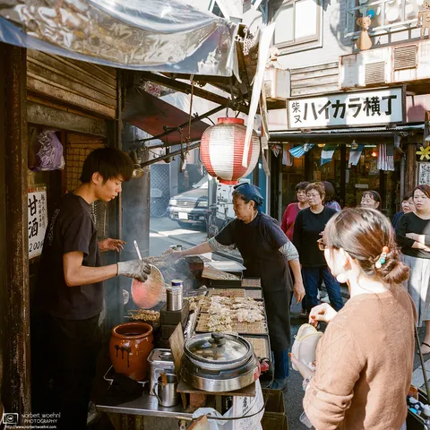 At Shibamata in Tokyo, Japan, pedestrians are watching the staff of a Yakitori stall going about their food preparations. 