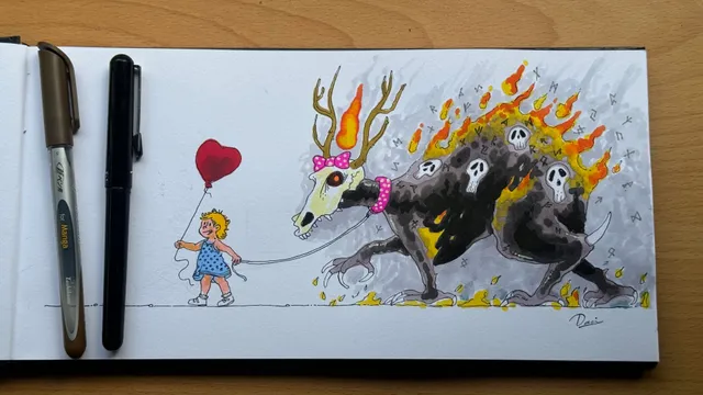 A colorful illustration featuring a young girl holding a red balloon and walking a large, monstrous creature with a skull-like face, antlers, and flames. The  creature has skulls on its body and is surrounded by fire, contrasting with the cheerful demeanor of the girl. The creature has a pink and white polka dots bow on the skull. 