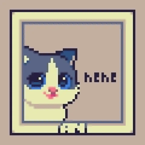 A pixel art of a cat with a silly smile, saying "hehe".