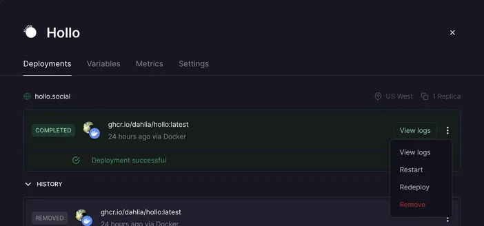 How to redeploy the Hollo service in the Railway dashboard.