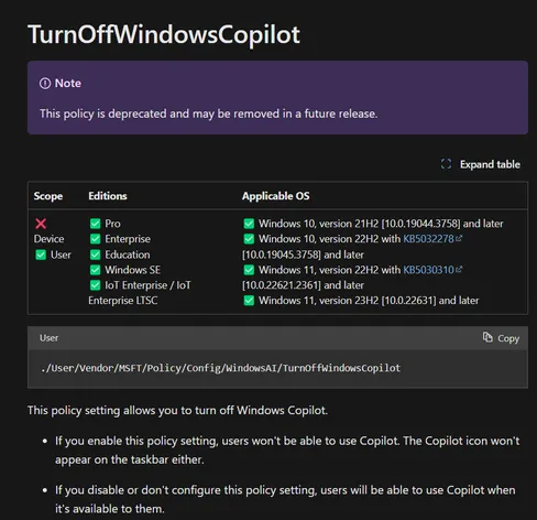 TurnOffWindowsCopilot policy documentation with a note that the policy is deprecated. 