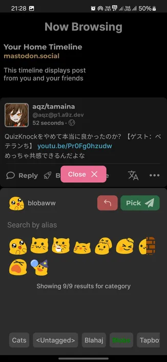 app screenshot showing reaction picker support