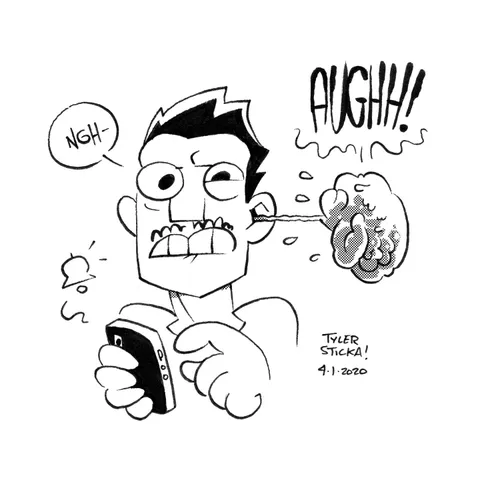 A self-portrait of the author's brain escaping out his ear when he checks his notifications too often. The brain is screaming.