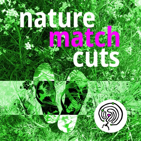 Podcast Logo: Written nature match cuts on flowering meadow with flip flops. At the corner: my artist's logo, a stylised woman in a labyrinth