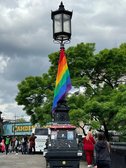 A pride flag over Camden market, London 