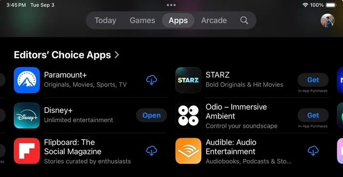 An app store interface displaying Editors' Choice Apps, featuring Paramount+, Disney+, STARZ, Odio, and Flipboard, along with their descriptions and download options.