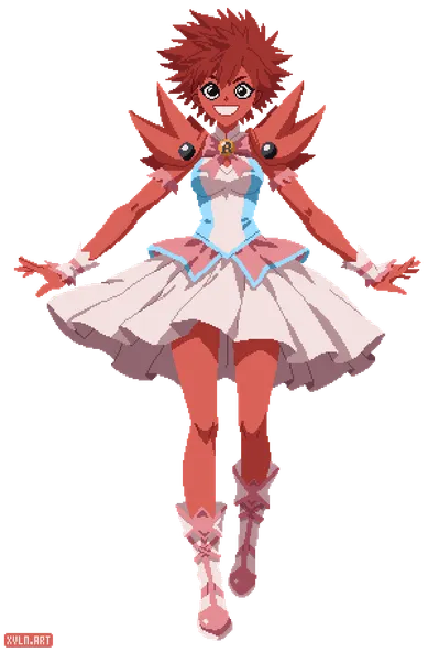 a pixel art picture drawn in an anime style. it's of magical girl with bright red skin and hair. her outfit is red and pink, with blue trim. on her shoulders are what looks like pieces of a large ferris (the rustacean), and she has a gem/bauble with the letter R in it. 