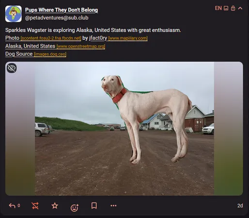 Screenshot of Pups Where They Don't Belong post

Sparkles Wagster is exploring Alaska, United States with great enthusiasm. 


Photo shows a large white dog in Alaska