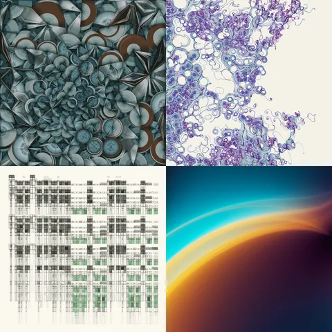 A collection of four different works of digital art. In the upper left is a work from my project "Harmonium", comprised of a blue and brown field of disc-like shapes. In the upper right is a recent work-in-progress image comprised of white, blue, and purple abstract line art, in many shapes but with an overall round, nested feeling. In the lower left is work from my  "Subdivisions" project, comprised of a grid-like image of subdivided rectangles in green and brown colors. Finally, in the lower right is an image titled "Departure" that shows curves moving from lower left to upper right, with warm yellows and soft blues.