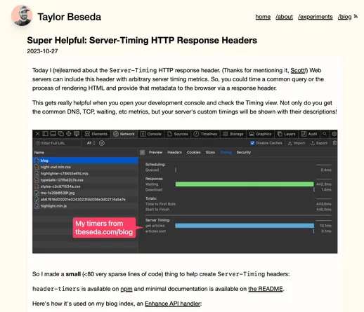 Article screenshot with embedded screenshot of Safari Developer Tools showing custom Server Timing entries.