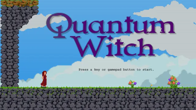 Quantum Witch title screen. Low resolution pixel retro style art.

The words "Quantum Witch" hang in the sky, clouds billow in the background. Ren, wearing a red dress that's blowing in the wind, stands on a grassy path, waiting for the game to start.