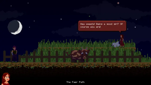 Night time. Ren stands on a grassy hill next to one of her faer (a sheep/dog like creature).

Speech bubble reads: Hey sweets! Being a good girl? Of course you are!

Tyra is on the left of the screen. She has pink hair, shaved on one side, and a metal arm.