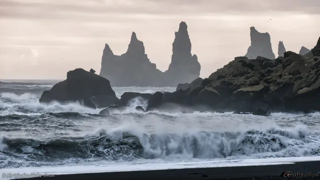 Jagged black rocks, surrounded by foaming waves breaking onto a black volcanic beach. Behind them are unusually sharp sea stacks. The stormy sky is overcast and yellowish, and is full of sea-birds.