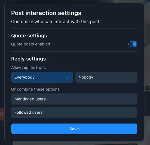 A screenshot of the Bluesky post sharing dialog. You can enable or disable "quote posts", and disallow replies, or just enable them for followed or mentioned users.