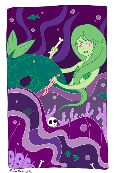 An illustration of a mermaid holding a dagger, surrounded by human bones. The colour scheme is green and dark purple.