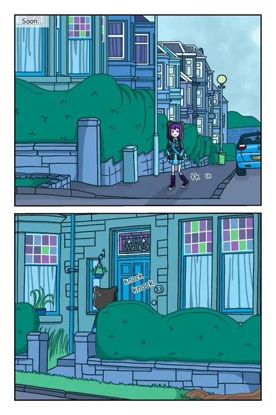 A comic with two panels featuring establishing shots. A girl in a school uniform and raincoat walks along a street with modern Victorian architecture, then knocks on the door to a house. Everything is in hues of blue, green and purple.