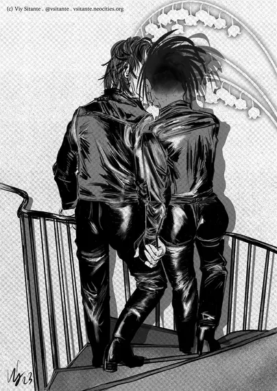 Black and white toned picture. There are two figures, a white man and a black woman, walking down the stairs. His hair appears to be a mullet while her hair is a fade going up into short natural hair divided into locs. (Without being locs, I'm sorry I have no idea how else to describe this.)

They are dressed in black shiny material, likely latex. We only see them from behind, and we don't see anything of their expression as the man only is cocking his head but the woman is covering it with her own head. The man's leg is slightly bent, showing him to have been walking down and then stopped to look back at her. Her leg is also slightly bent, but less than him.

Important detail: they are holding hands tightly like a couple, she wearing a black glove.