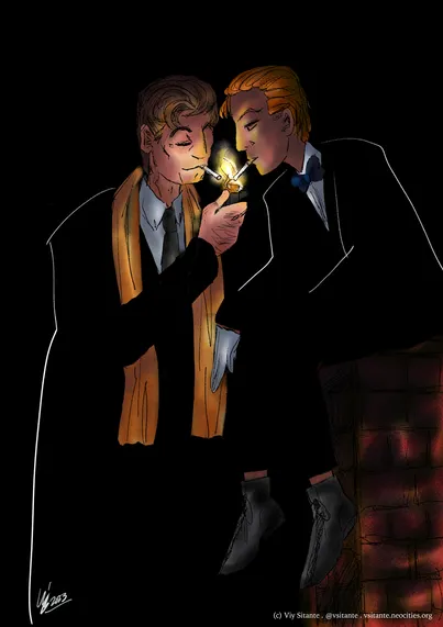 Color picture featuring Max sitting on a ledge made of bricks, dressed in a black suit, and Magnus, also dressed in a yellow scarf and a black suit, standing next to him. Max looks reserved as he leans forward to light his cigarette from Magnus' lighter, as Magnus also lights his own at the same time. Magnus looks content.

Their black suits also are part of the background in a flat color effect, with white quick outlines of Magnus' coat and Max's shoulder and arms.