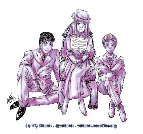 Color picture. A monochromatic picture of Magnus, Astemar and Max all dressed very fancily for the occasion. This one doesn't have Max's skin color, uh, colored in.